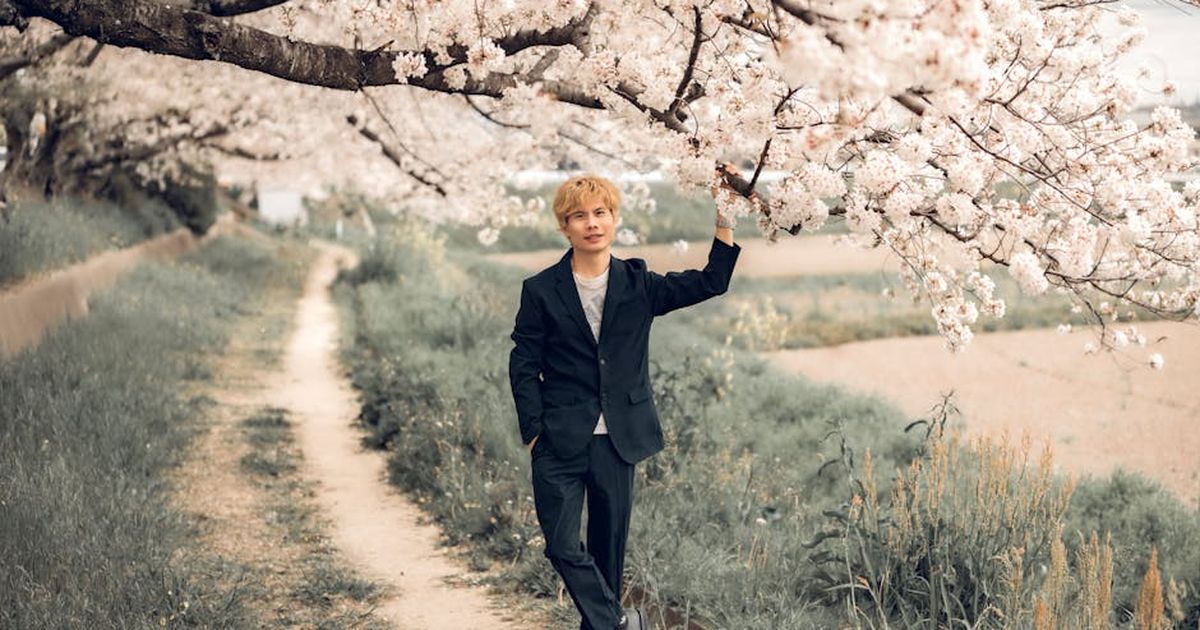 Stylish man standing under cherry blossoms on a rustic path in spring.