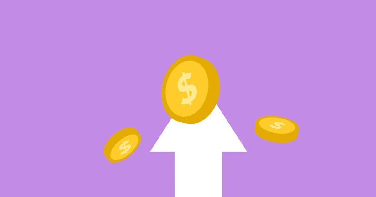 Decorative cardboard appliques of arrow and dollar coins representing income concept on violet background