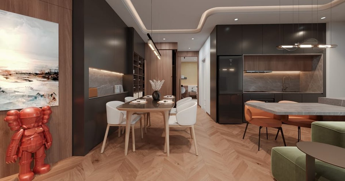 Sophisticated apartment interior featuring a cozy dining area, stylish furniture, and modern decor.