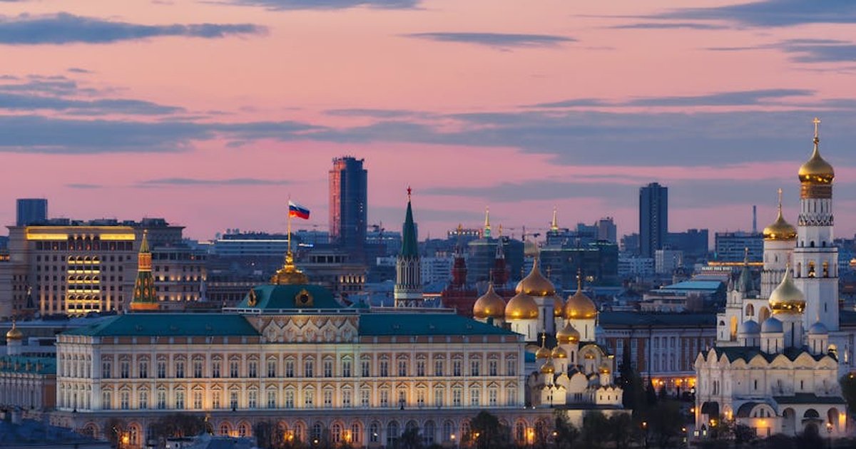 Beautiful Moscow cityscape with Kremlin and cathedrals at sunset.