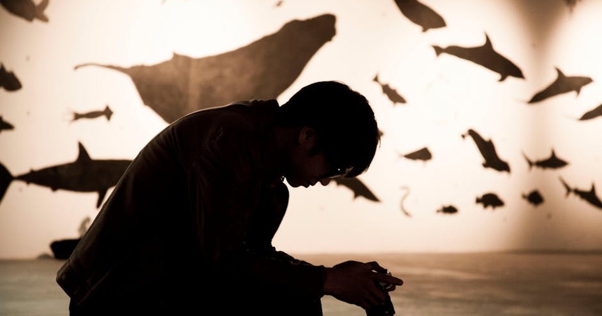 Moody silhouette of a photographer with aquatic mural in background.