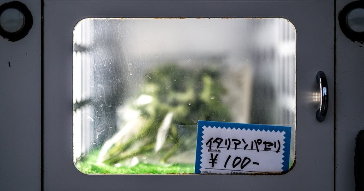 A vending machine window displaying Italian parsley priced at 100 yen in Japan.
