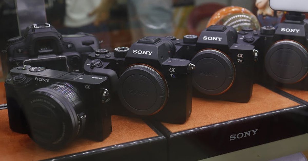 A collection of Sony digital cameras showcased in a store display case.