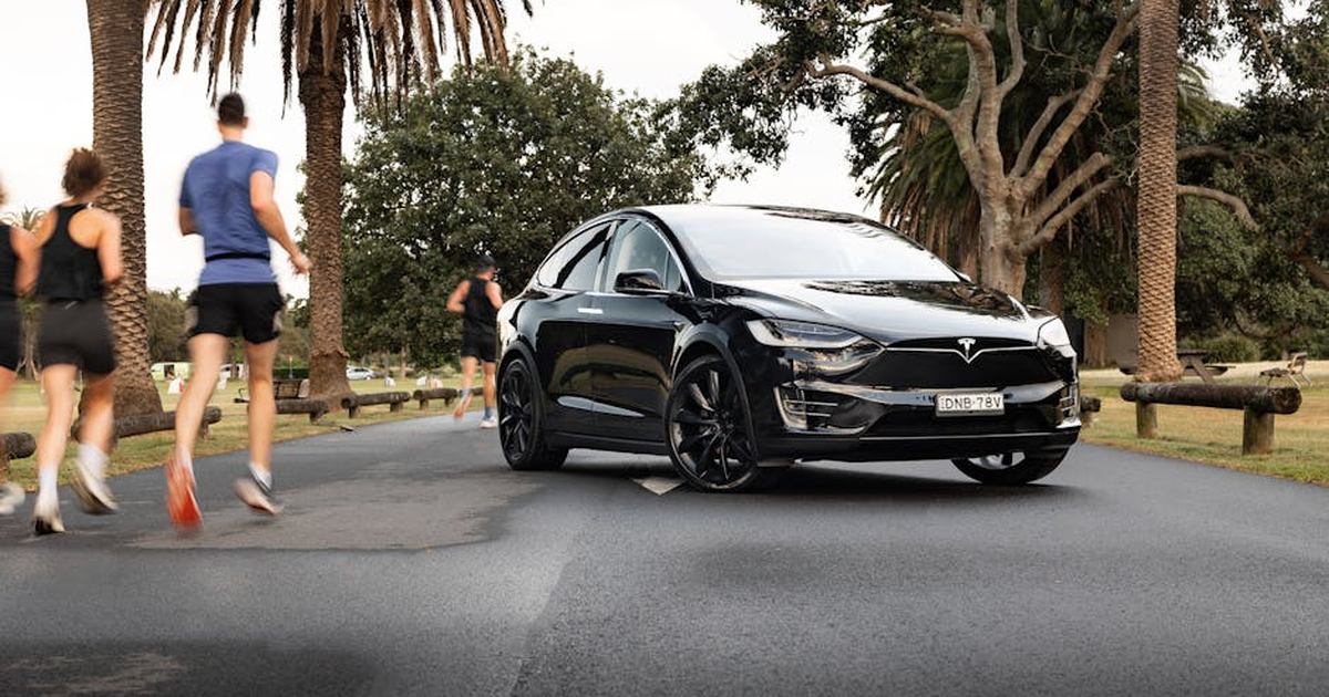 A sleek Tesla Model X parked on a road lined with palm trees in Sydney, showcasing modern automotive design.