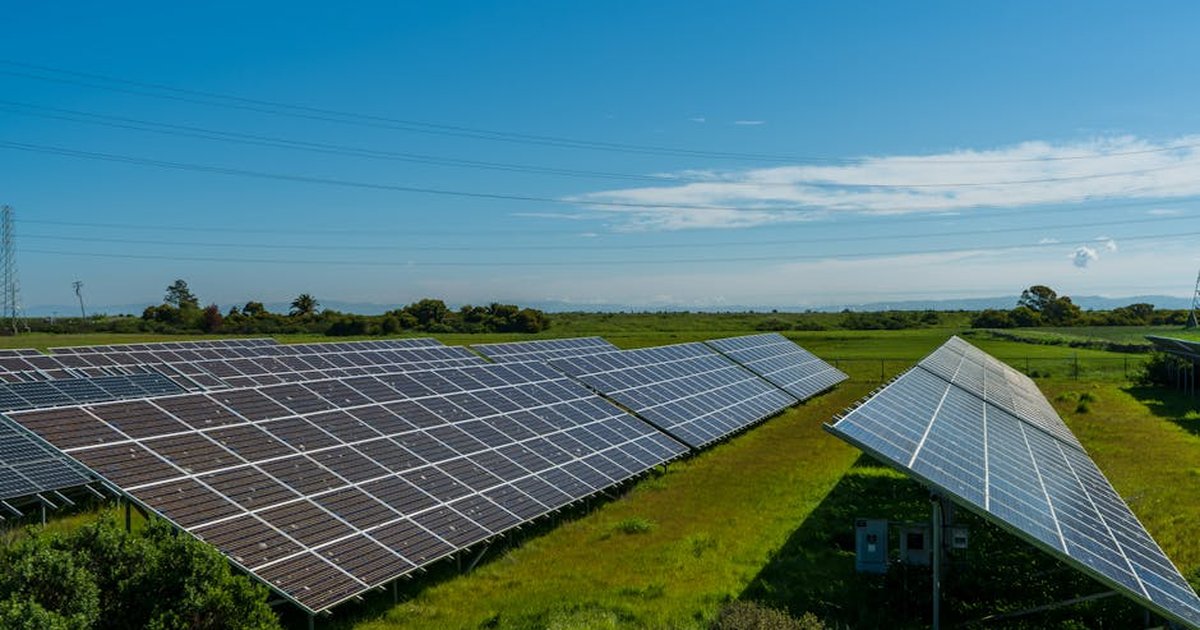 Solar panels in a lush rural field, generating renewable energy in San Rafael, CA.