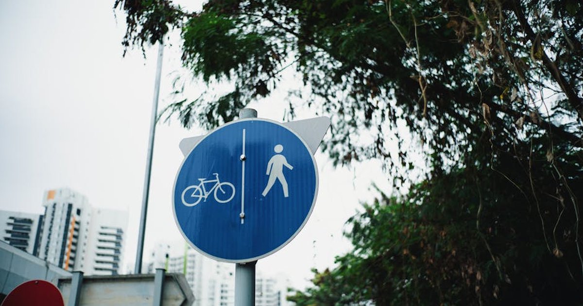 A road sign indicating pedestrian and bicycle lanes amidst urban greenery in Hong Kong.