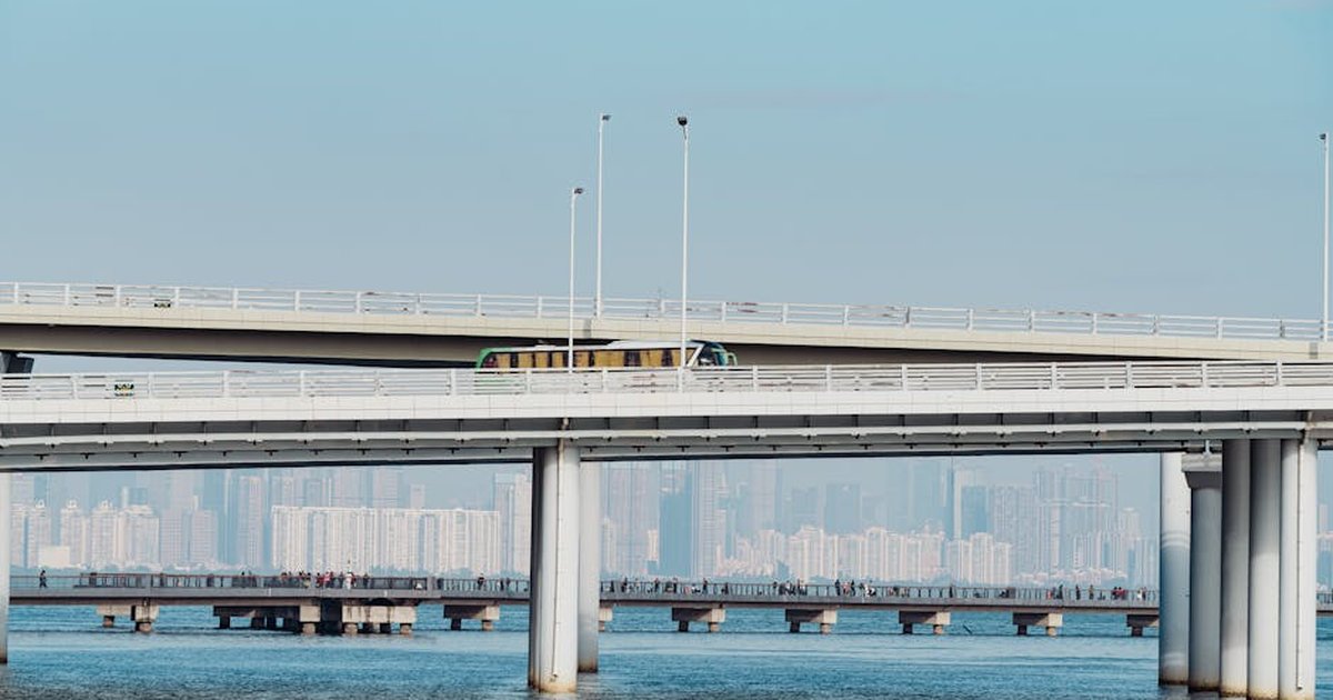 A contemporary bridge stretching over water with a city skyline in the distance.