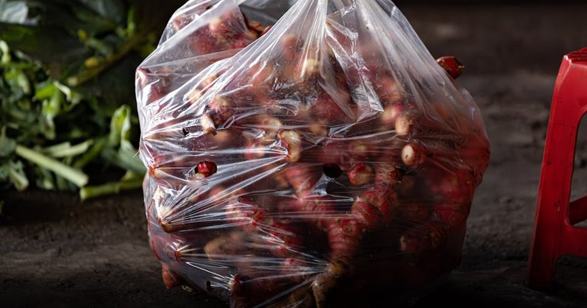 Bag of fresh galangal roots at a market stall in Nam Dinh, Vietnam, showcasing local produce.