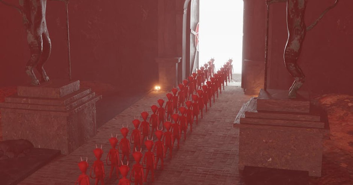 Dark fantasy scene showcasing red demonic figures entering through a mysterious gate.