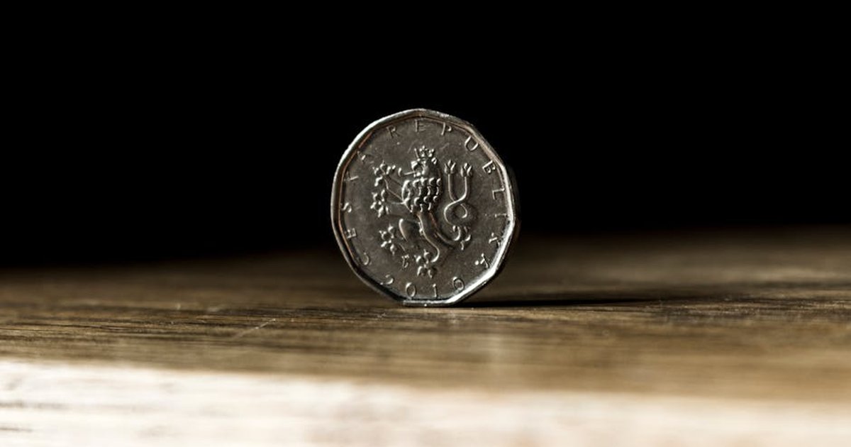 A detailed close-up photo of a Czech Republic coin standing on edge on a wooden surface.