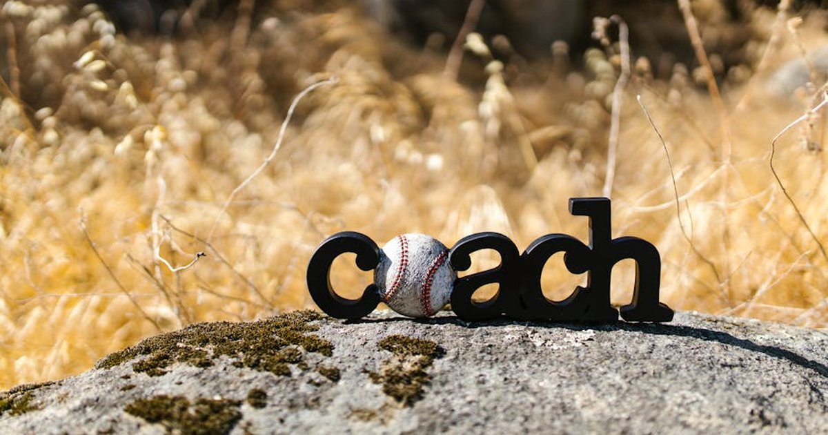 Creative display of a baseball with the word 'coach' on a rustic rock outdoors.