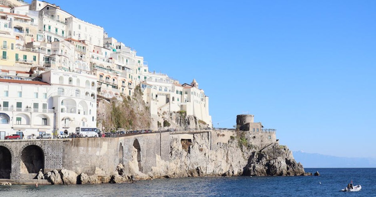 Scenic view of Amalfi coastline with clear blue skies and crystal clear water.