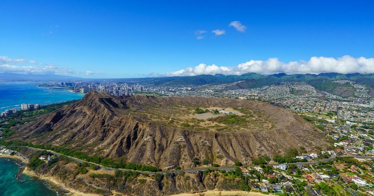 A stunning aerial shot of Diamond Head and Waikiki, showcasing the scenic coastline and vibrant cityscape of Honolulu, Hawaii.