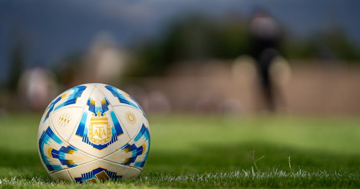 Close-up of an official Argentine soccer ball resting on a green field with a blurred background.