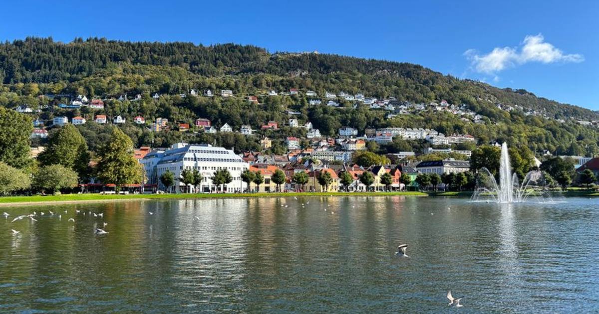 Picturesque Bergen cityscape with a lake, fountain, and hills.