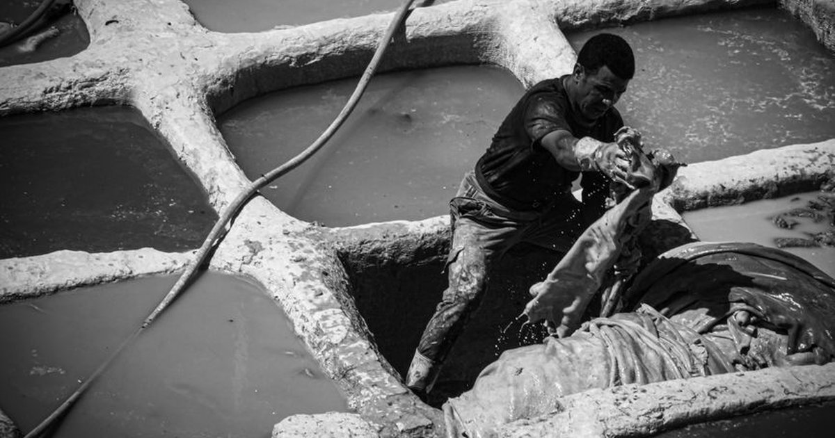 A worker processes leather in a traditional tannery in Fez, Morocco, showcasing artisanal heritage.