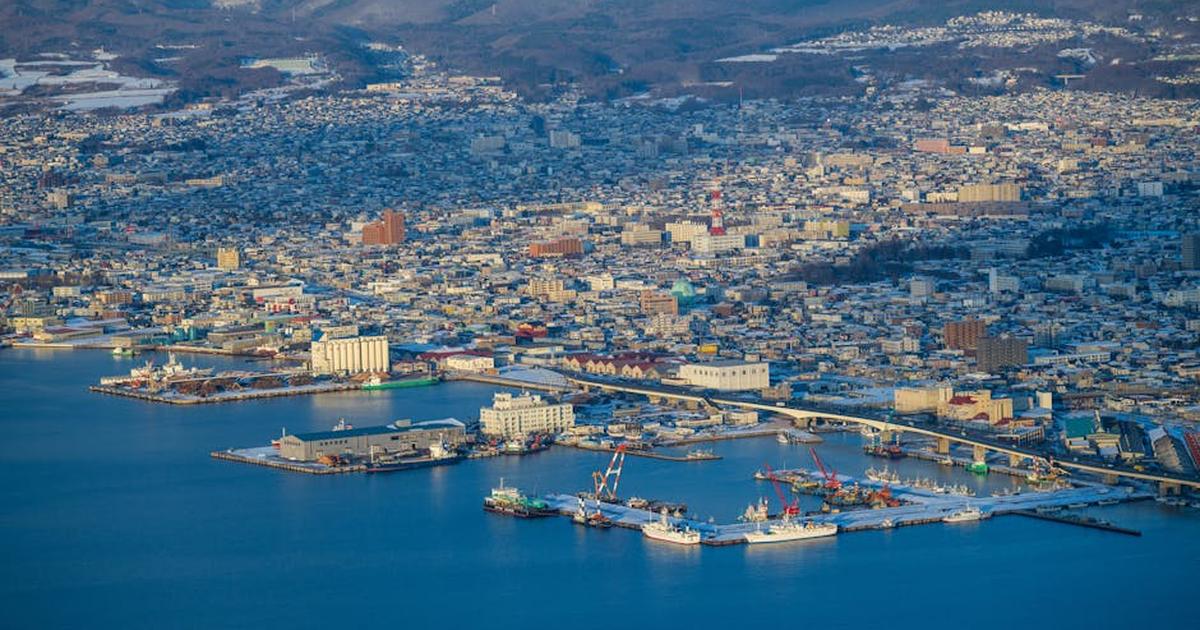 Aerial shot of Hakodate cityscape and port in winter, showcasing vibrant architecture.