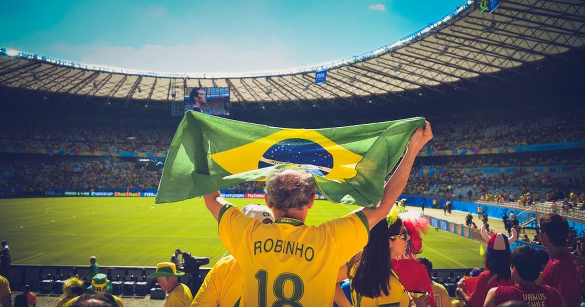 Excited Brazilian fans holding flag at soccer match in vibrant stadium atmosphere.