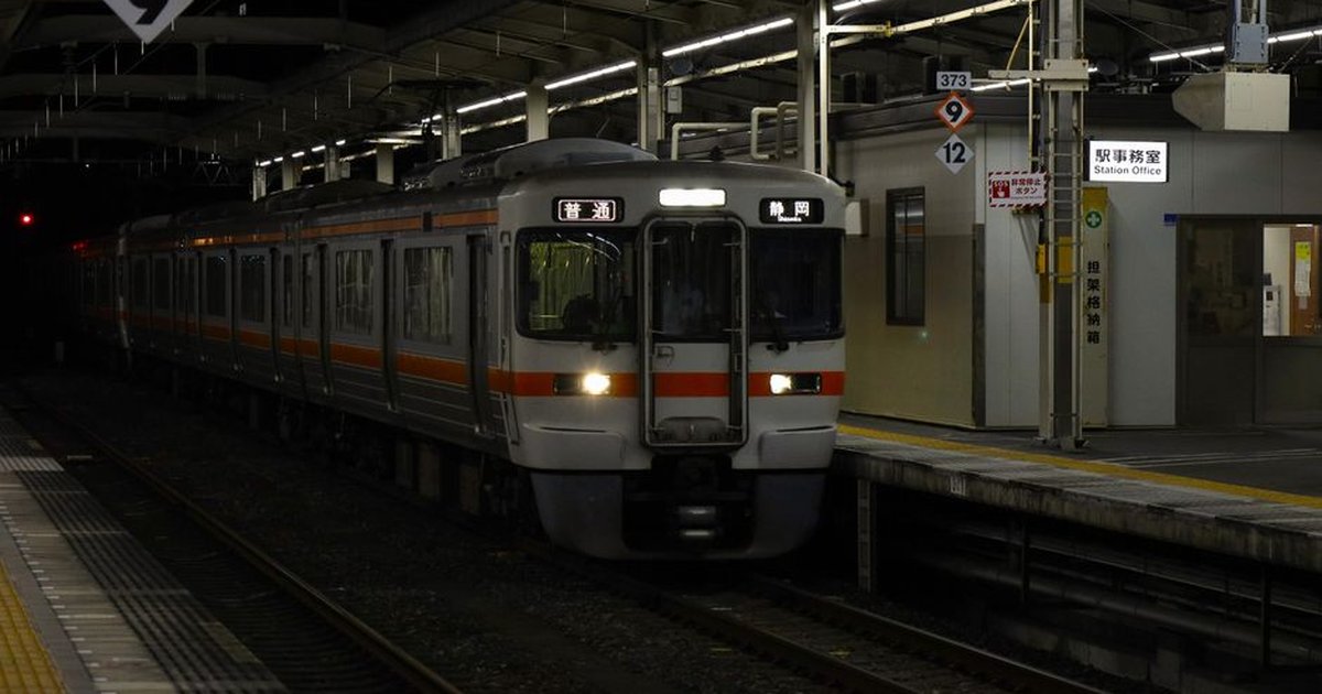 JR Central train arrives at Shizuoka Station platform at night.
