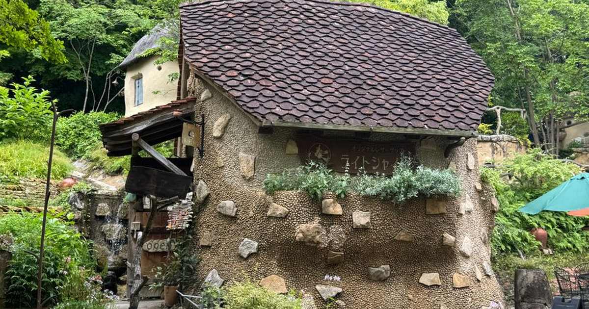 A charming rustic cafe with stone walls and a thatched roof nestled in a lush green forest.