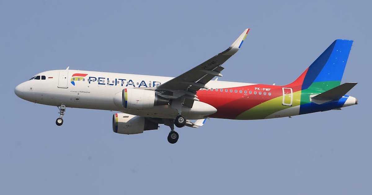 A vibrant commercial airplane flying through a clear blue sky.