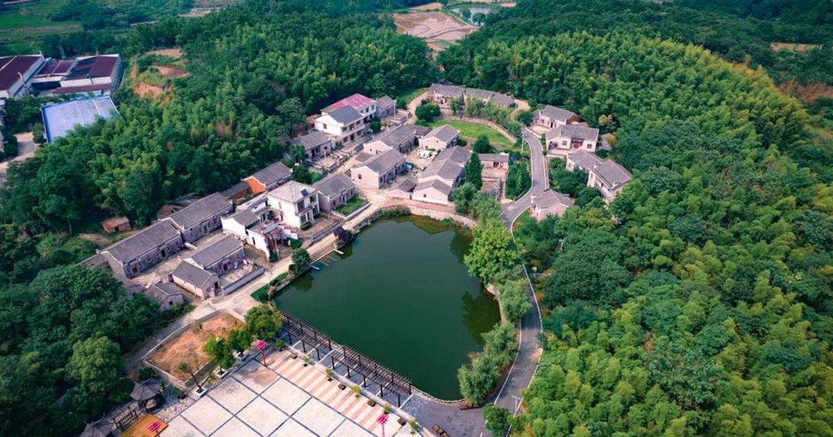 Aerial view of a serene village with lake and lush greenery in Jiangxi, China.