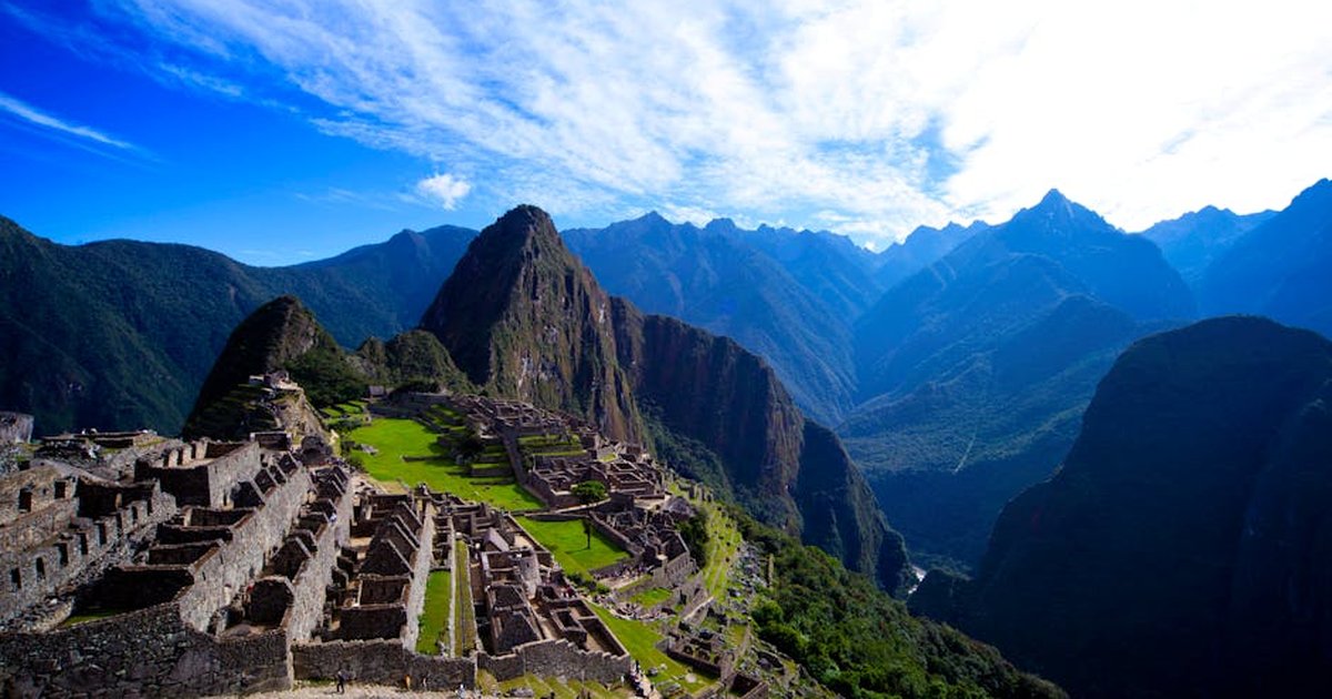Stunning aerial view of Machu Picchu in Peru with majestic mountains and clear sky.