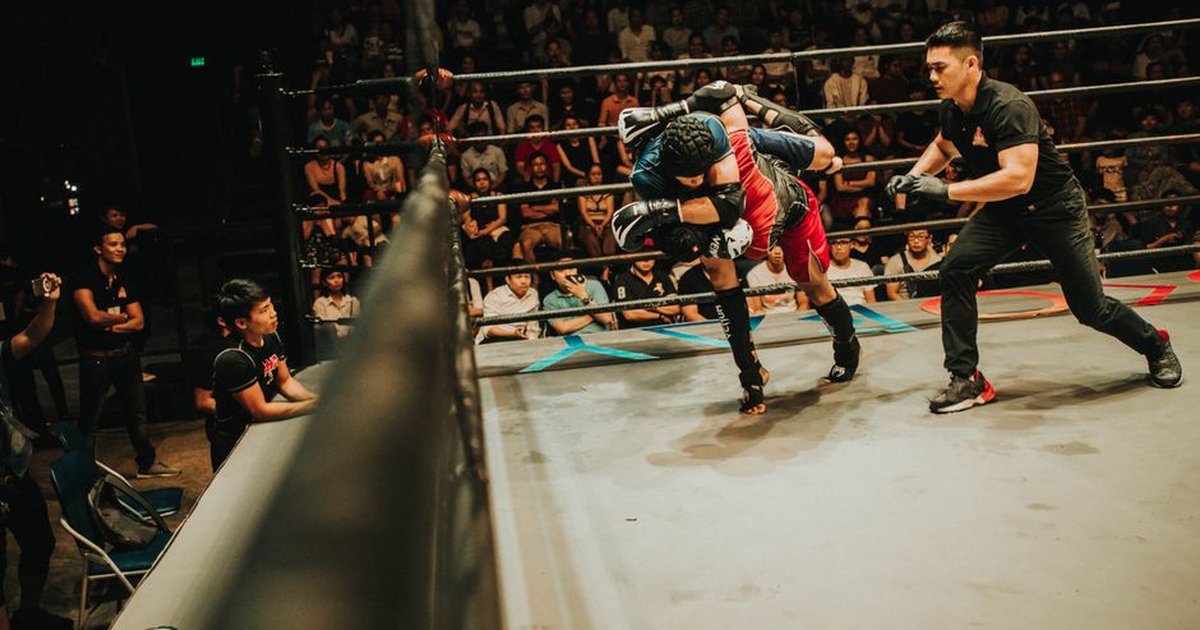 Two athletes in dynamic combat during a mixed martial arts match.