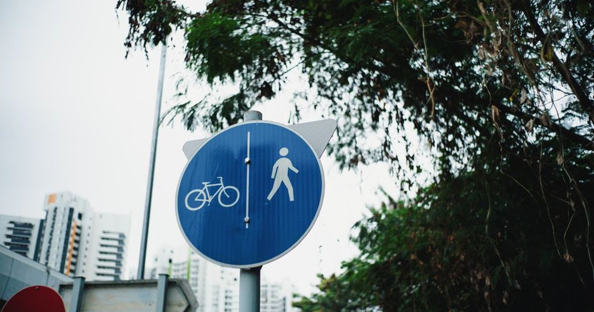 A road sign indicating pedestrian and bicycle lanes amidst urban greenery in Hong Kong.