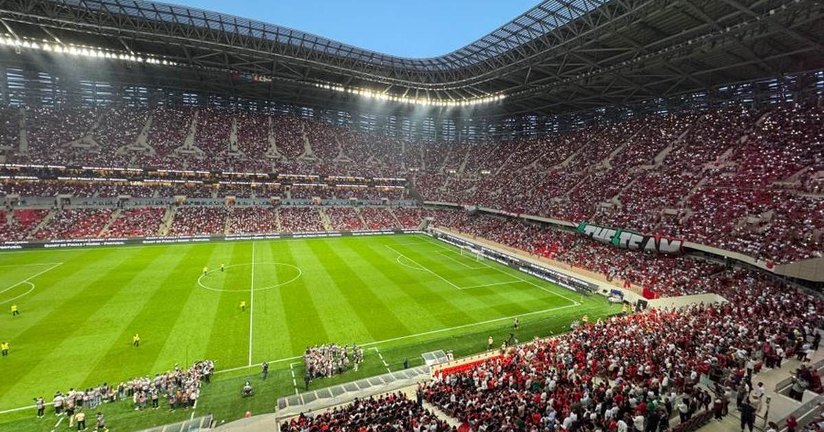 A vibrant football match with cheering fans in a modern stadium.