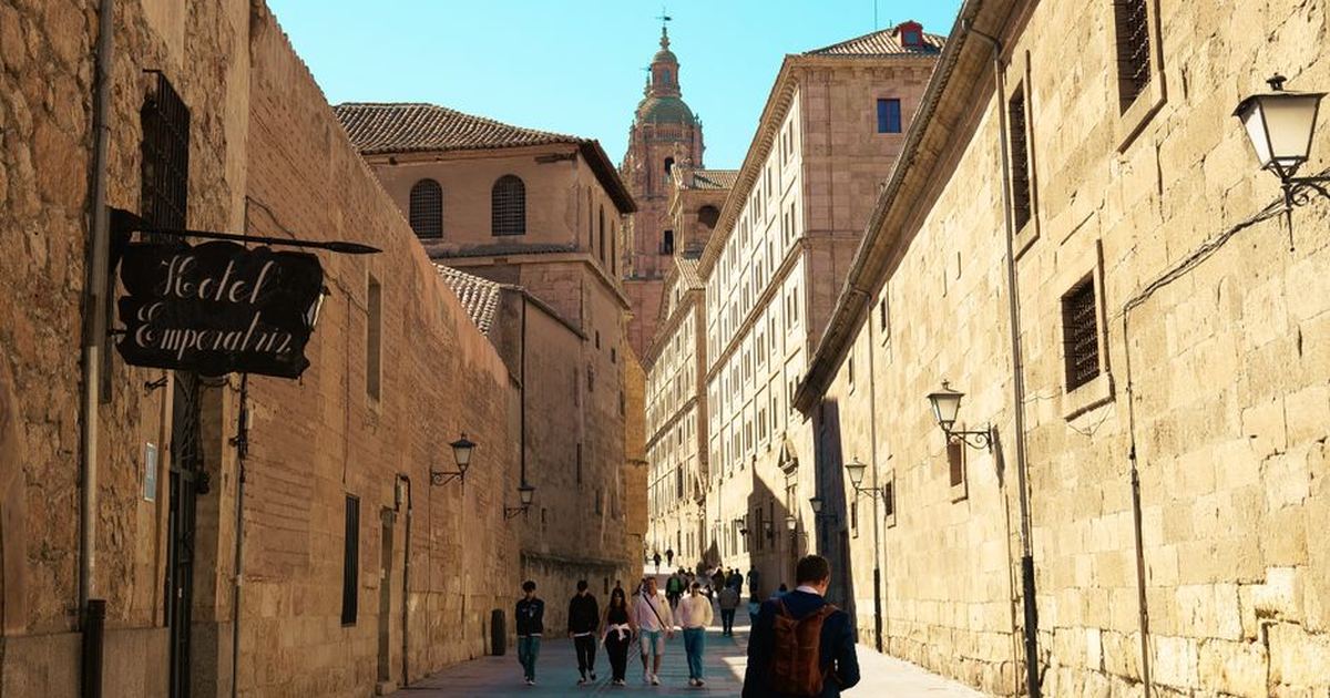 Charming street scene depicting historic architecture in Salamanca, Spain.