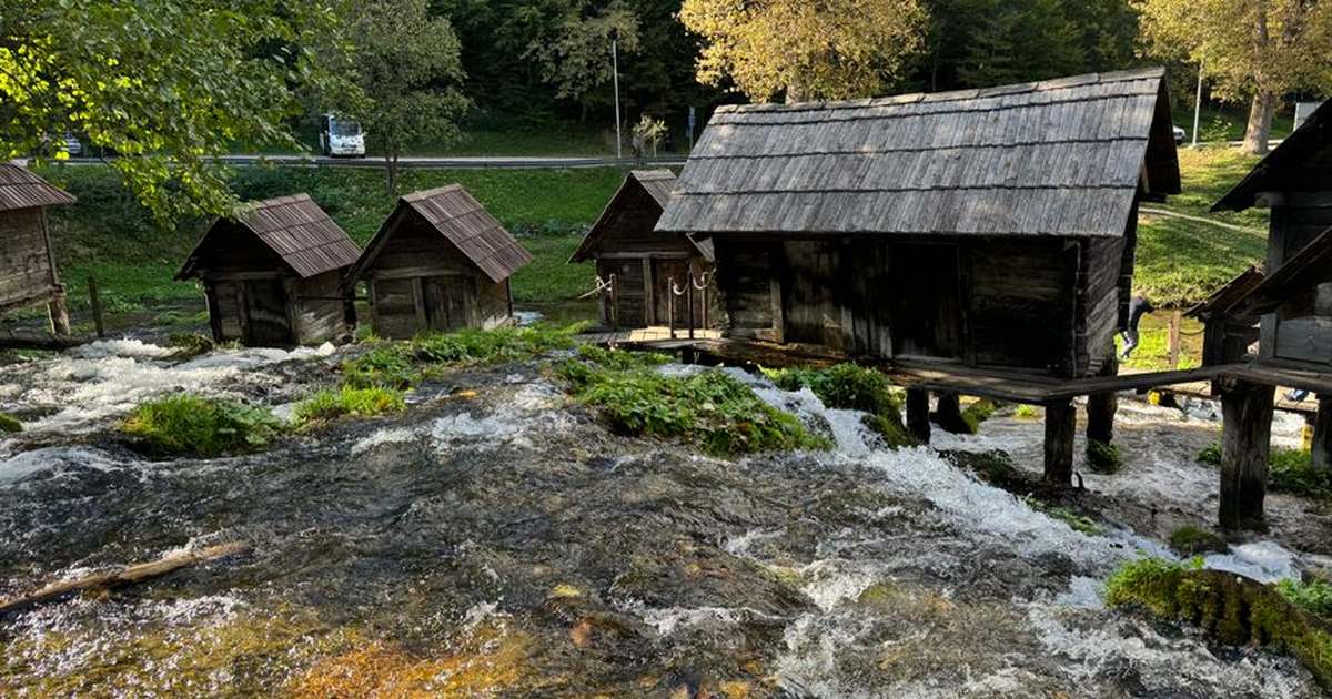 Charming wooden watermills by a flowing stream in a lush forest setting, perfect for nature lovers.