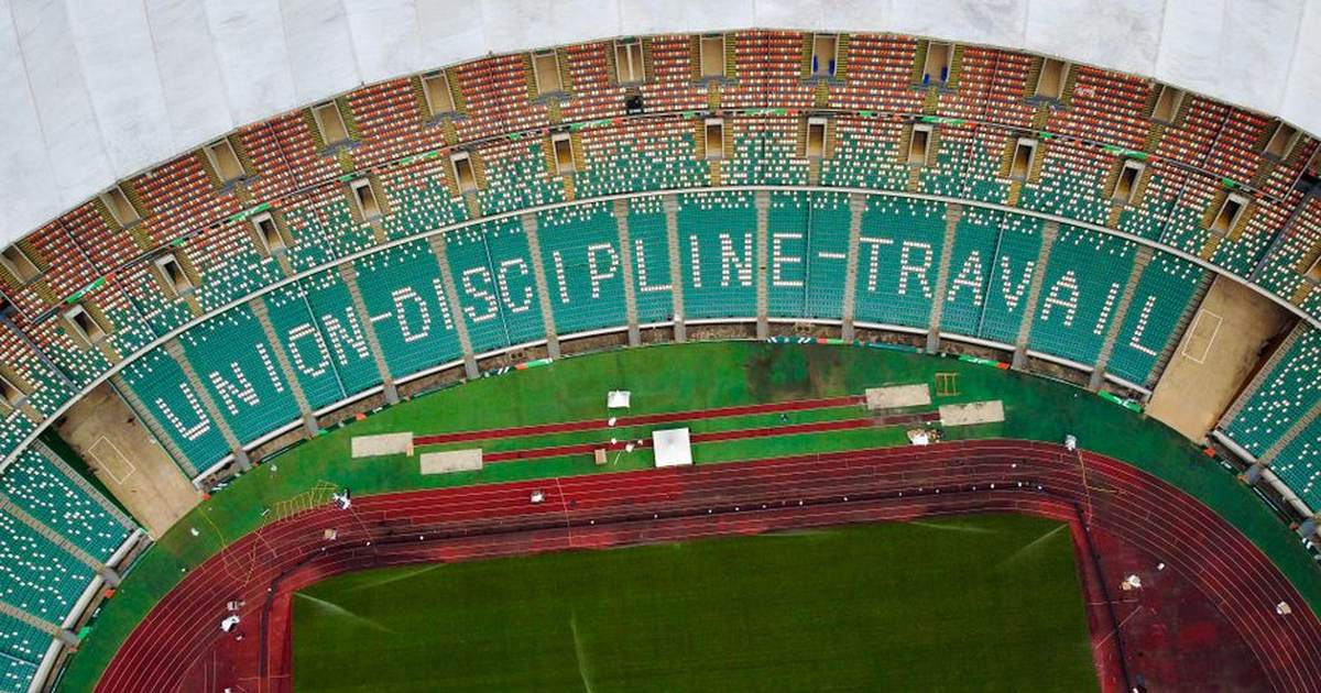 Aerial view of Alassane Ouattara Stadium in Côte d'Ivoire with empty grandstands.