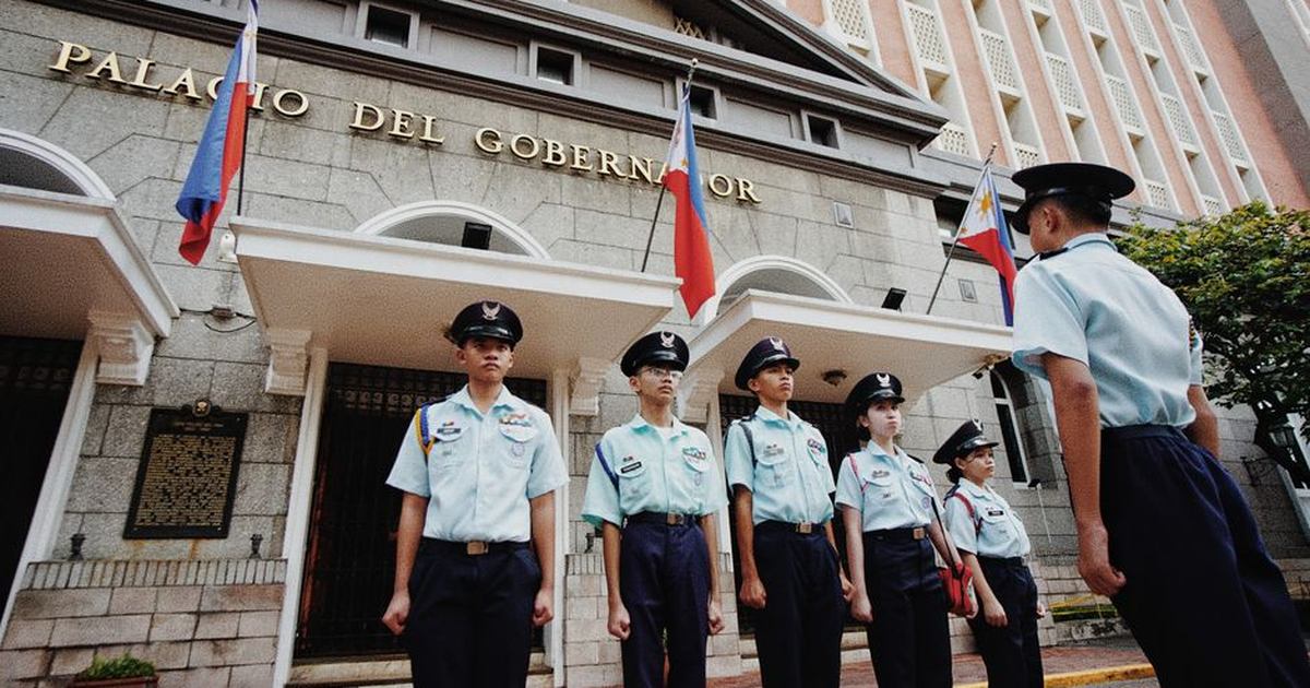 Cadets stand in formation outside the historic Palacio del Gobernador in Manila, Philippines.