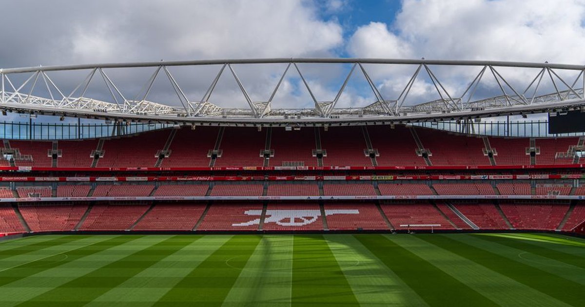 Panoramic view of the empty Emirates Stadium, home to Arsenal FC, in London, England.