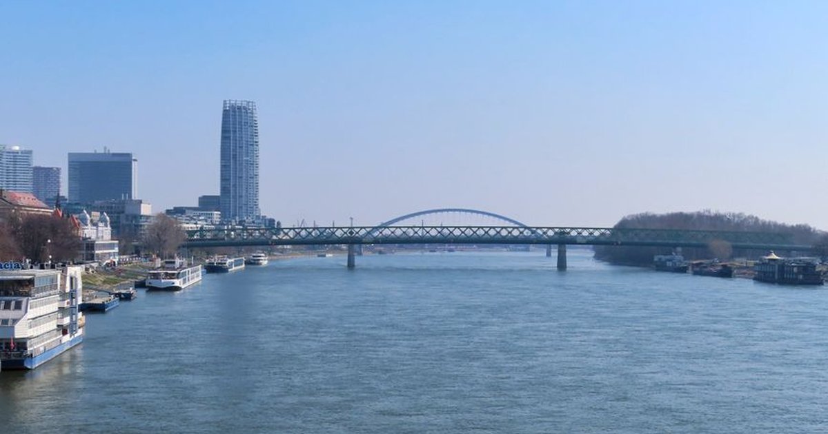 A picturesque river scene with a modern bridge and city skyline under a clear blue sky.