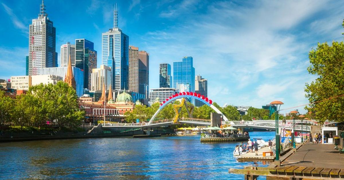 Vibrant skyline view of Melbourne, Australia with Yarra River in the foreground.