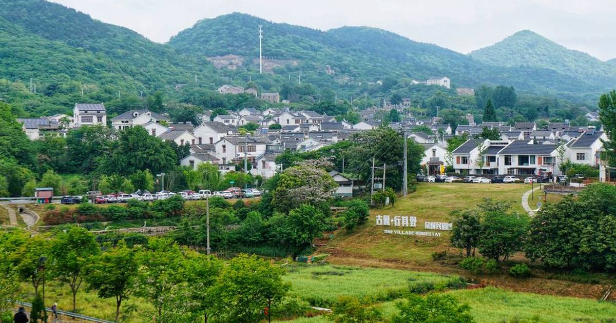 Picturesque Chinese village surrounded by verdant hills under a cloudy sky.