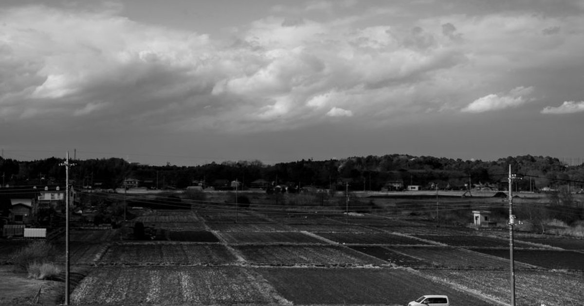 Black and white image of a car on a rural road with expansive cropland under an overcast sky.