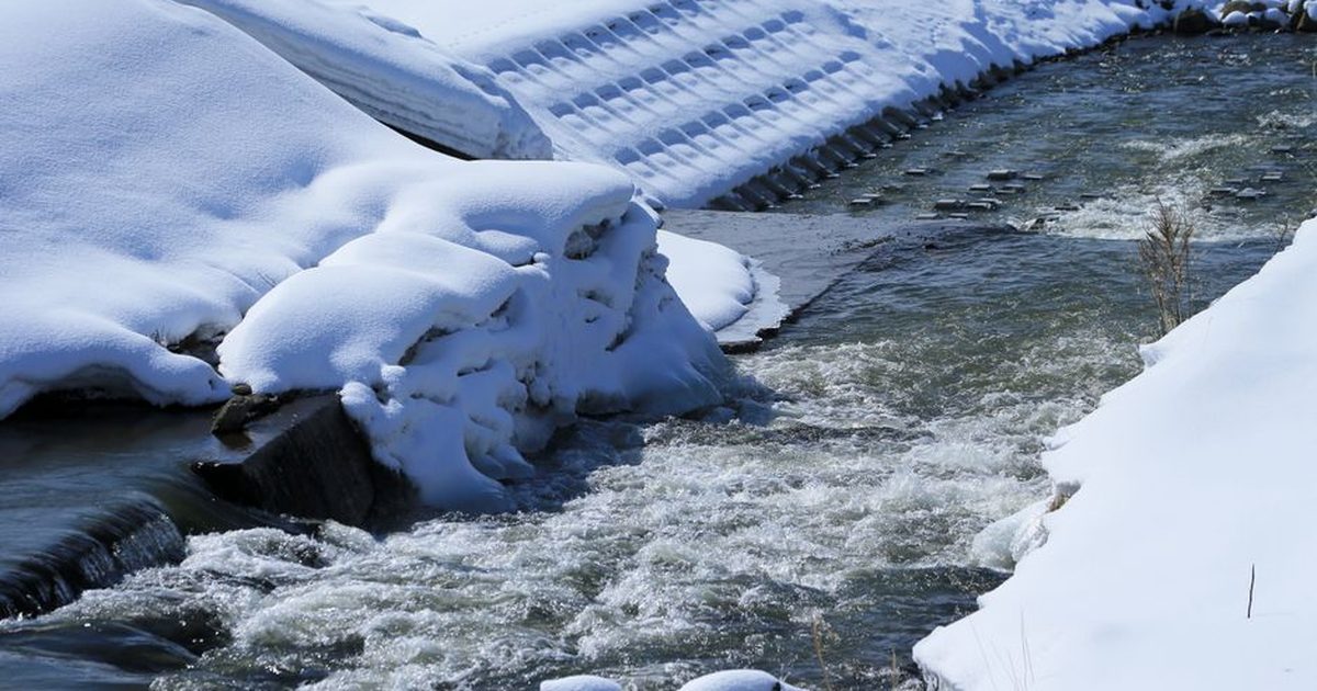 Captivating winter scene of a flowing stream surrounded by snow-covered banks, showcasing serene natural beauty.