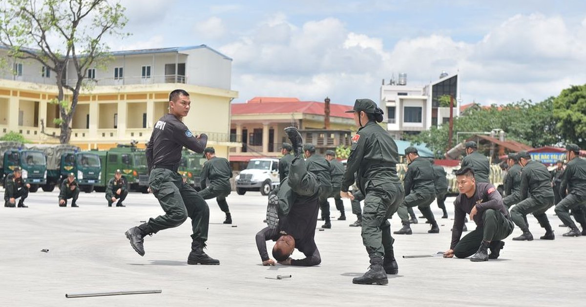 Group of soldiers performing martial arts during a training session outdoors.