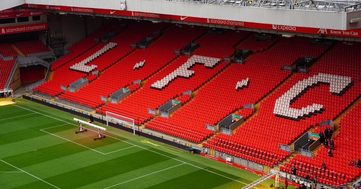 View of Anfield Stadium seating with prominent LFC letters. Perfect capture of iconic Liverpool FC venue.